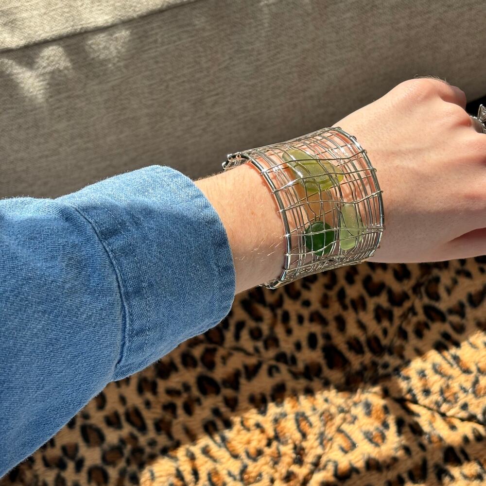 Handmade Silver Wire Wrapped Cuff Bracelet Green Tone Sea Glass Accents - Picture 2 of 11
